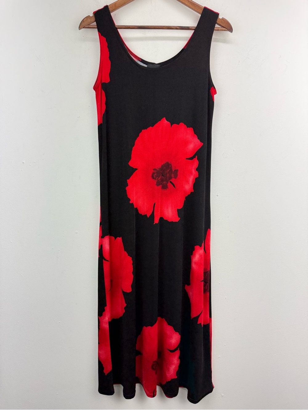 Jostar size Small Women’s Black Red Floral Stretchy Slinky Sleeveless Tank Dress